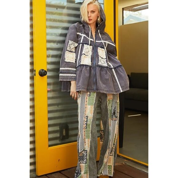 Z-1. POL Clothing Vintage Washed Embroidered Patch Flared Jacket Antique Navy - Picture 2 of 10